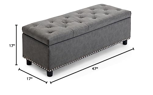 BELLEZE Storage Ottoman, Tufted Ottoman with Close Hinge, Foot Rest for Living Room (Rustic Gray, 47 inch) - color: Rustic Gray