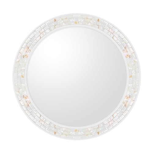 Round Bathroom Mirror 36 Inch, White Framed Mosaic Shell Mirrors - size: 36"L x 36"W