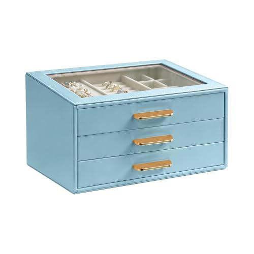 Homeanda Jewelry Boxes Organizer with Glass Lid, 3-Layer PU Leather, Blue - color: Smoky Blue, size: 3 Layer