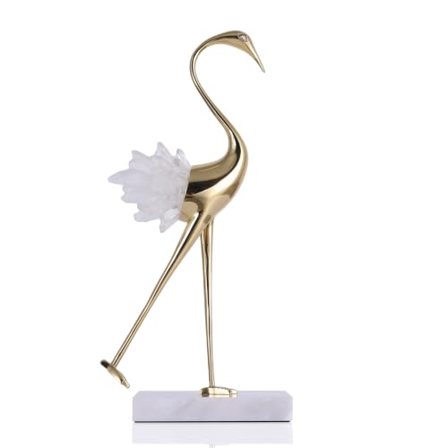 suruim Elegant Gold Crane Bird Statues with Crystal Tail Accents, Decorative Brass Figurines for Home Decor (White B) - color: White B, size: B