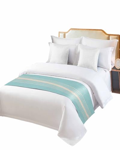 Aqua Beige Striped Bed Runner for Queen Size, Farmhouse Hotel Bed Scarf, Modern Farmhouse Retro Lines Decorative Beds Throws of Foot Bedding Runners & Scarves for Bedroom Wedding Room, 83 x 20 Inch - color: Lightblue Beige, size: 83 x 20 Inch
