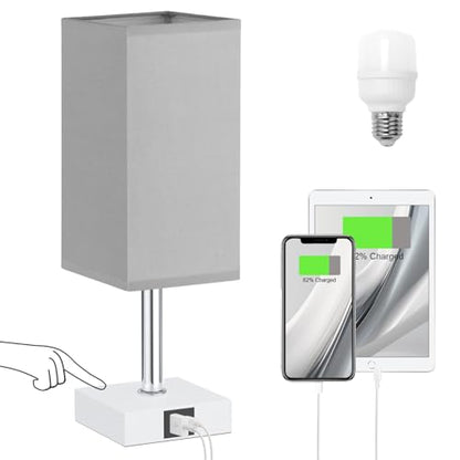 Touch Table Lamp for Bedroom - Dimmable, USB C+A, Grey Lamphade White Base - color: Grey & White
