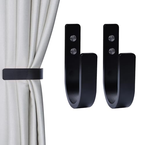 2 Pack Curtain Tiebacks Wood Curtain Holdbacks U Shaped Curtain Hooks Curtain Tie Backs Wall Mount Curtain Holder Curtain Pull Backs Tie Backs for Curtains (Black, 2) - color: Black