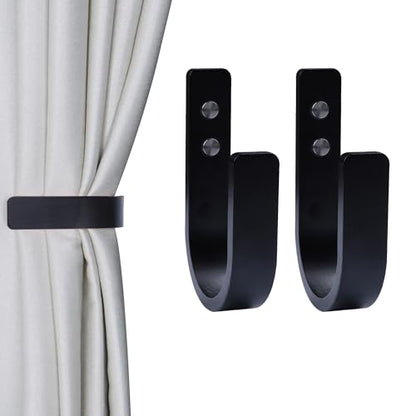 2 Pack Curtain Tiebacks Wood Curtain Holdbacks U Shaped Curtain Hooks Curtain Tie Backs Wall Mount Curtain Holder Curtain Pull Backs Tie Backs for Curtains (Black, 2) - color: Black