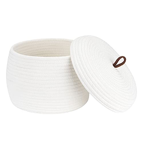 Sea Team Round Woven Cotton Rope Storage Basket with Lid, White - color: White, size: Small