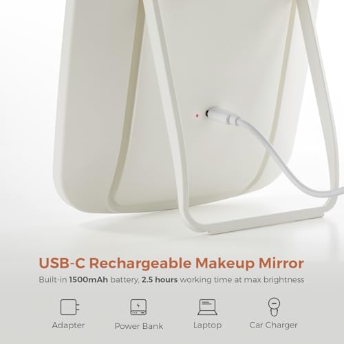NEZZOE Portable Lighted Makeup Mirror, 1500mAh Battery, 9"x6" - color: 9.4"x6.6" White
