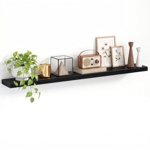1.5" Thick Floating Shelves for Wall, 55"x6.5" Wall Mounted Shelf, Wall Storage Shelf,No Sag,Easy Install Wood Grain Shelf for Bedroom, Kitchen, Living Room & Hallway,Black,Pack of 1 - color: Black, size: 55"x 6.5"-Pack of 1