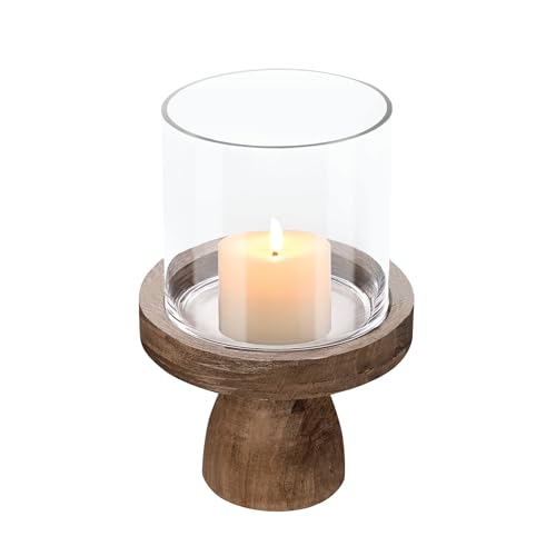 7" Wide Farmhouse Glass Hurricane Candle Holder & Glass Vase with Vintage Natural Sturdy Solid Wooden Base for Pillar & Flower Arrangement, Terrarium, Centerpiece, Console Table, Dining Table, Mantel - color: Old Natural, size: 7"x10"