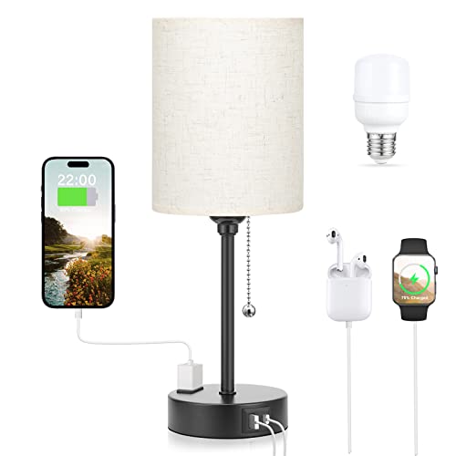 Small Bedside Table Lamp for Bedroom - Desk Lamp with USB Ports for Dorm - color: Off-White, size: 14.6 in
