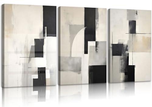 3Pcs Framed Neutral Abstract Canvas Wall Art Pictures Modern Minimalist Posters Prints Beige Black Brown Simple Wall Decoration for Living Room Bedroom Bathroom Office 12x16in - color: Canvas, size: 16"L x 12"W