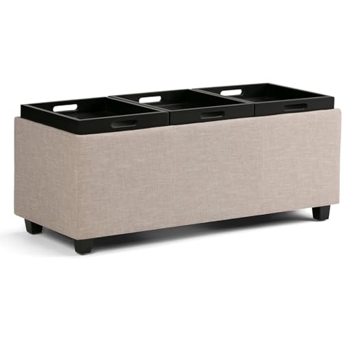 SIMPLIHOME Avalon 42" Wide Linen Look Fabric Storage Ottoman in Natural - color: Natural