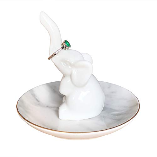 HOME SMILE White Elephant Ring Holder with Marble Pattern Dish,Elephant Gifts for Women Chritsmas - style: Elephant with Marble Dish
