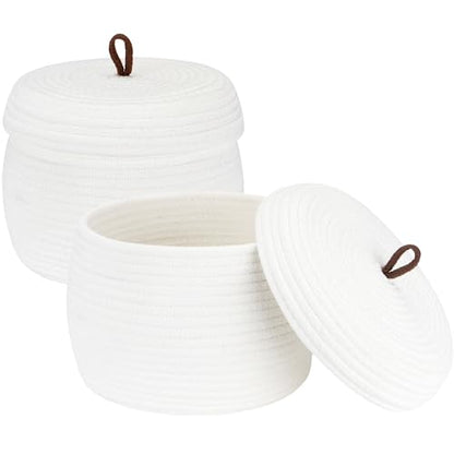 Sea Team Round Woven Cotton Rope Storage Basket with Lid, White, 2-Pack - color: White, size: Small/2-Pack