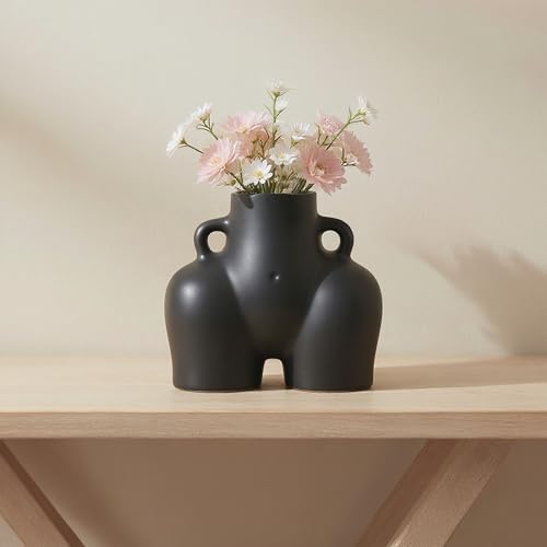 Ceramic Vase Flower Holder – Decorative Accent for Shelves or Tables, Living Room, Bedroom, or Office Placement, Modern Sculptural Home Decor Design for Visual Impact – 6", Black - color: Black