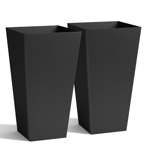 Worth Garden 20" Tall Planters Set of 2 – Large Black Tapered Plastic Flower Pots for Indoor & Outdoor Use – Modern Plant Containers with Drainage Holes – Ideal for Front Porch, Patio, Balcony - color: Black