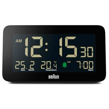 Braun Digital Alarm Clock with Date, Month and Temperature Displayed, Negative LCD Display, Quick Set, Crescendo Beep Alarm in Black, Model BC10B (1-Pack) - color: Black