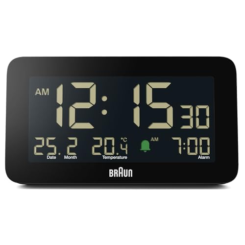 Braun Digital Alarm Clock with Date, Month and Temperature Displayed, Negative LCD Display, Quick Set, Crescendo Beep Alarm in Black, Model BC10B (1-Pack) - color: Black