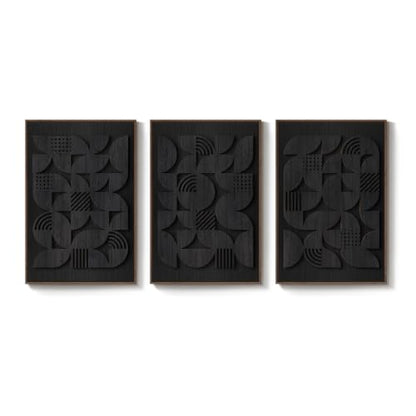 Framed 3D Wood Black Abstract Textured Wall Decor Living Room, 24x36 Inch - color: Black