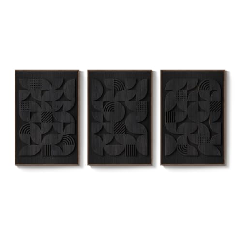 Framed 3D Wood Black Abstract Textured Wall Decor Living Room, 24x36 Inch - color: Black