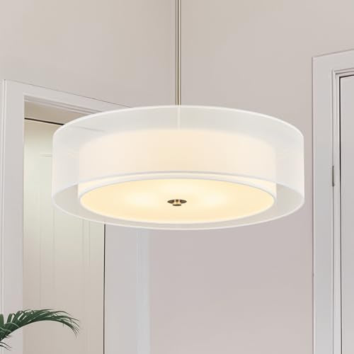 VONLUCE 20" Drum Chandelier, 3-Light White Fabric Pendant Light Fixture - color: Brushed Nickel, size: 20inch