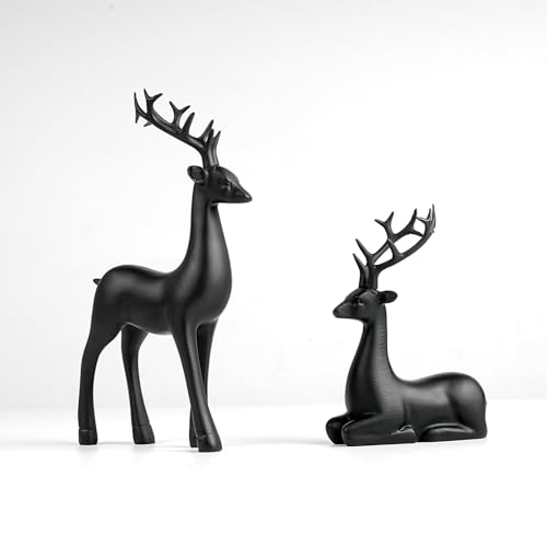 2 Pcs Christmas Reindeer Sculpture, Resin Deer Christmas Decoration, Matte Black Resin Elk Statues for Home Decor, Ideal for Living Room, Bedroom, Office, Bookshelf, and Desk Ornaments