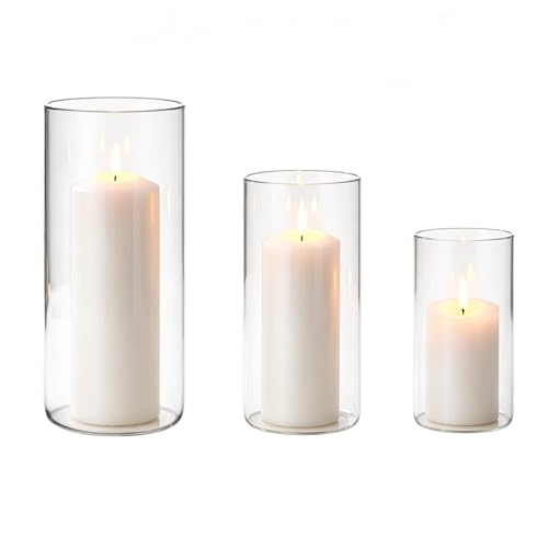 Hurricane Candle Holders, Clear Glass Cylinder Centerpieces Vases, Pillar Candle Sleeves for Wedding, Table Decoration Centerpiece Floral Room Home, Dining Room Decor 3 Pieces
