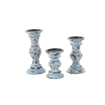 Deco 79 Wood Decorative Candle Holder Candle Stand, Set of 3 Candlestick Holder 6", 8", 10"H, Light Blue