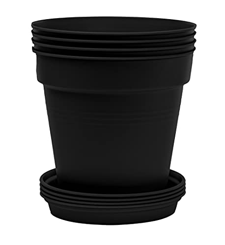 Mintra Garden Pots, 4 Pack Bulk Plastic Plant Pots with Drainage Tray, Round Indoor & Outdoor Decorative Planters with Drain Holes for Flowers, Herbs & Plants, 19cm Diameter – Black, 7.5 in - color: Black, size: 19cm Diameter (7.5in)