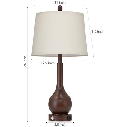 26" Brown Table Lamps Set of 2, Touch Control Bedside Lamps for Bedroom Nightstand, 3-Way Dimmable Farmhouse Lamp for Living Room with Charging Port (2 LED Bulbs Included) - color: Brown - 26"H