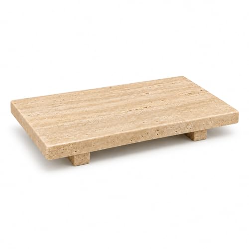 Travertine Pedestal Decorative Tray 13.8 x 6.7 in - color: Beige Travertine-13.8 in