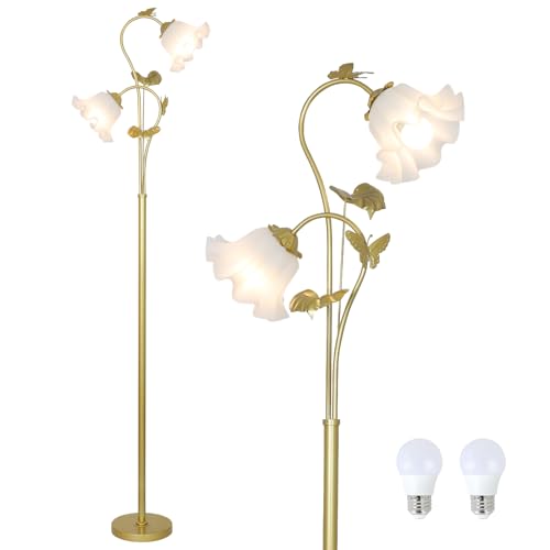 HMVPL Gold Floor Lamp for Living Room, Flower Standing Lamp with 2 LED 5W Blubs, Foot Switch, Floral Tall Lamp with Acrylic Shade, Antique Lotus Flower Floor Lamp for Living Room Office Reading - color: Gold