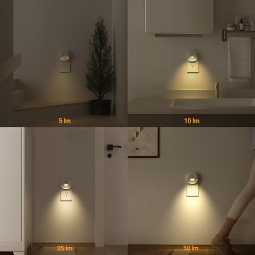 Lyridz Plug in Night Light with Motion Sensor and Dusk to Dawn Sensor, Dimmable Warm Nightlight with 1-50lm Adjustable Brightness Indoor for Bedroom, Bathroom, Stairs, Hallway, 4 Pack