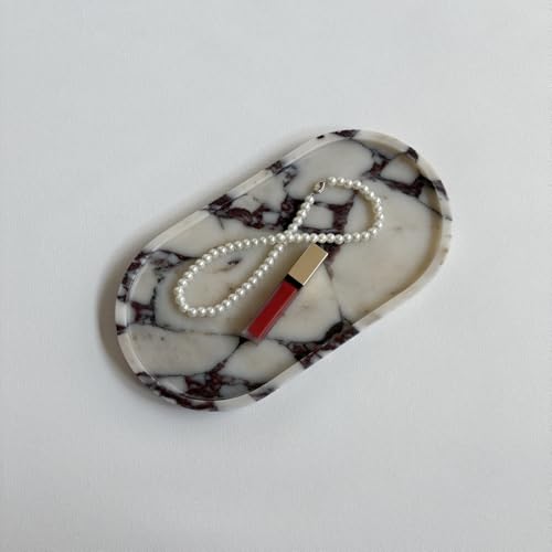 Natural Marble Stone 11.8 inches Oval Catchall Tray Classics Sundries Storage Jewelry Plates (Calacatta Purple)
