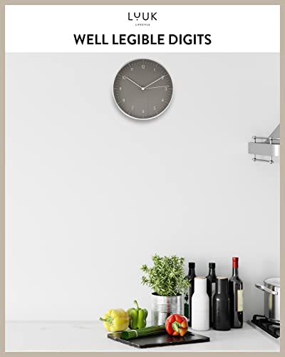 LUUK LIFESTYLE Modern Silent Quartz Wall Clock, 10in, Dark Grey & Silver | Designed in Germany, Simple & Elegant, Non-ticking, Analog, Battery operated, Housewarming gift, for Living room, Bedroom - color: Dark Grey, 10"