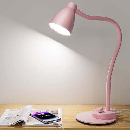 BOHON Cute Desk Lamp with USB Charging Port, 3 Color Modes Dimmable, Pink - color: Pink