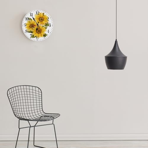Ansouyi Round Wall Clock Battery Operated Clocks Wallclock 10 Inch,Yellow Sunflowers on White Silent Non Ticking Wall Clock for Living Room,Kitchen,Home,Bathroom,Bedroom,Office or School - color: Sunflowers