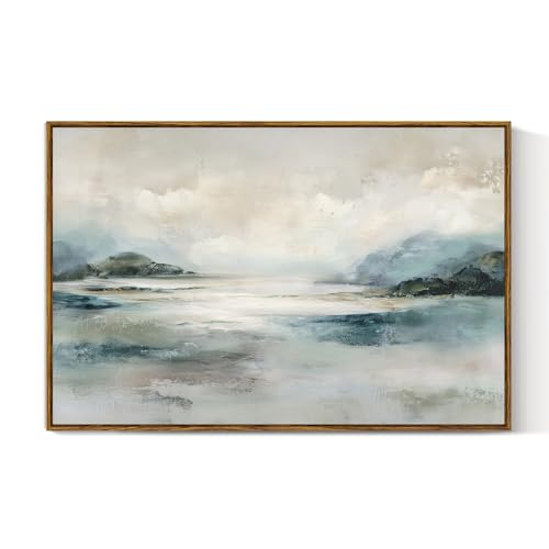 VIYYIEA Large Framed Canvas Wall Art, 24x36 Inch Abstract Coastal Landscape Art Print, Soft Blue and Green Neutral Ocean Wall Decor for Living Room Bedroom Home Office - color: Abstract Lake View, size: 36"L x 24"W