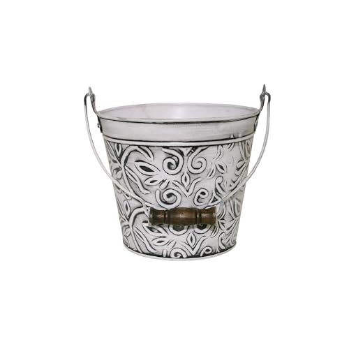 Headwind Vintage Collection - Floral Rustic White Planter with Handles – Small Galvanized Buckets & Metal Flower Pots, Decorative Bucket Planter with Drainage Hole for Indoor Plants & Outdoor Garden D - color: Rustic White, size: 8"