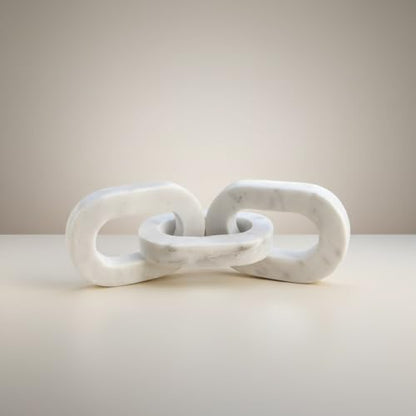 Natural White Marble 3-Link Chain Decor – 13.5 Inch Oval Cornered Design Handcrafted Marble Chain Sculpture Modern Tabletop & Shelf Accent for Home Décor