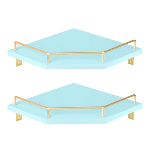 Tirzah Blue Wall Mount Corner Shelf with Gold Metal Guardrail, 2-Tier 9.5-inch Diamond-Shaped Wood Corner Floating Shelves for Home Decor Kitchen Organizer - color: Blue