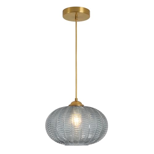 KCO Lighting Large Glass Pendant Lights Kitchen Island Brass Gold Pendant Light Gold Globe Hanging Light Smoked Striped Glass Pendant Light Mid Century Modern Dining Room Light Fixture - color: 25cm-Smoke Gray