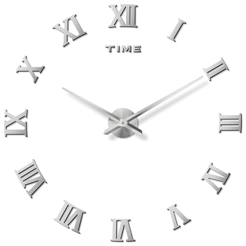 DIY Frameless Wall Clock, 3D, Adjustable Up to 52”, Silver - color: Silver