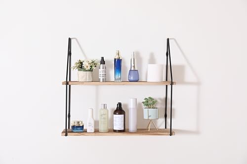 Floating Shelf with Metal Brackets Wall Mounted Rustic Wood Wall Storage Decorative Hanging Display for Trophy Photo Frames Collectibles and Much More 2-Tier – Natural Wood
