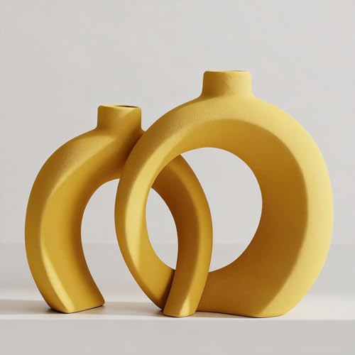 Set of 2 Yellow Ceramic Vases for Home Decor Accents - Unique Hollow Donut Artistic Design Mid-Century Modern Eclectic Style Decorative Vases for Shelf, Mantel, Entryway Table Decor (Matte Yellow) - color: Matte Yellow