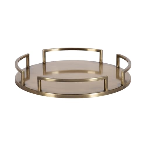 Kate and Laurel Gohana Round Tray with Metal Handles; 16 Inch Diameter; Antique Brass; Modern Glam Serving Tray with Handles for Use as Ottoman Topper or Living Room Decor