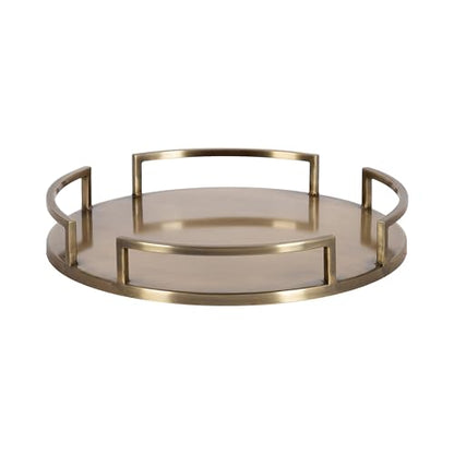 Kate and Laurel Gohana Round Tray with Metal Handles; 16 Inch Diameter; Antique Brass; Modern Glam Serving Tray with Handles for Use as Ottoman Topper or Living Room Decor