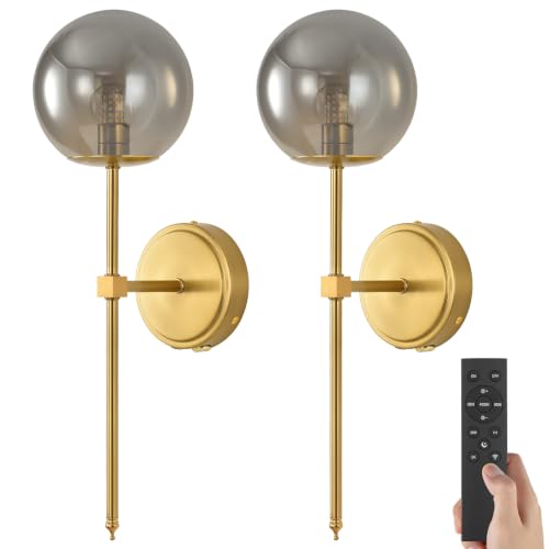Globe Battery Operated Sconce Set of 2 with Clear Glass Lampshade - color: Gold-Smoky Gray