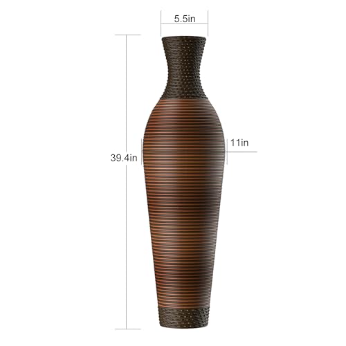 39" Hand-Woven PVC Rattan Floor Vase, Brown Tall Decorative Vase for Home Decor, Farmhouse Boho Entryway Living Room Office Statement Vase for Pampas Grass Dried Branch Display