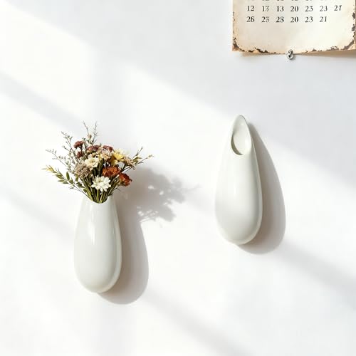 White Ceramic Wall Vases, Set of 2, 5.9 Inch, Teardrop Design - color: 2pcs-small