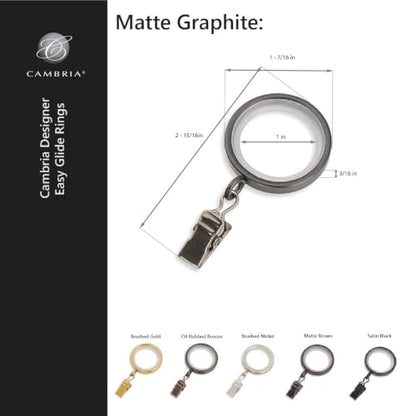 Cambria Designer 1-3/8" Matte Graphite Quiet Glide Curtain Rings 18 Pack - color: Matte Graphite, size: Small 1-3/8 in
